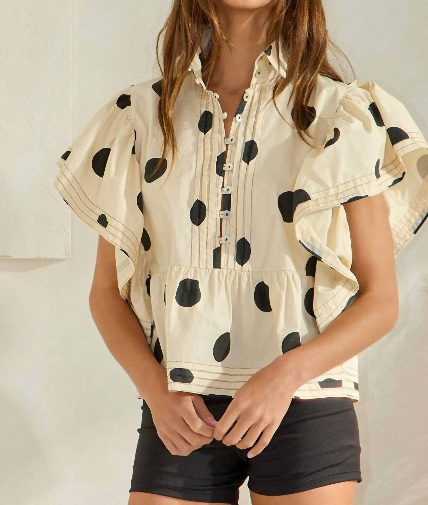 Bucketlist - Ruffle Sleeves Pintuck Detail Polka Dot Print Top