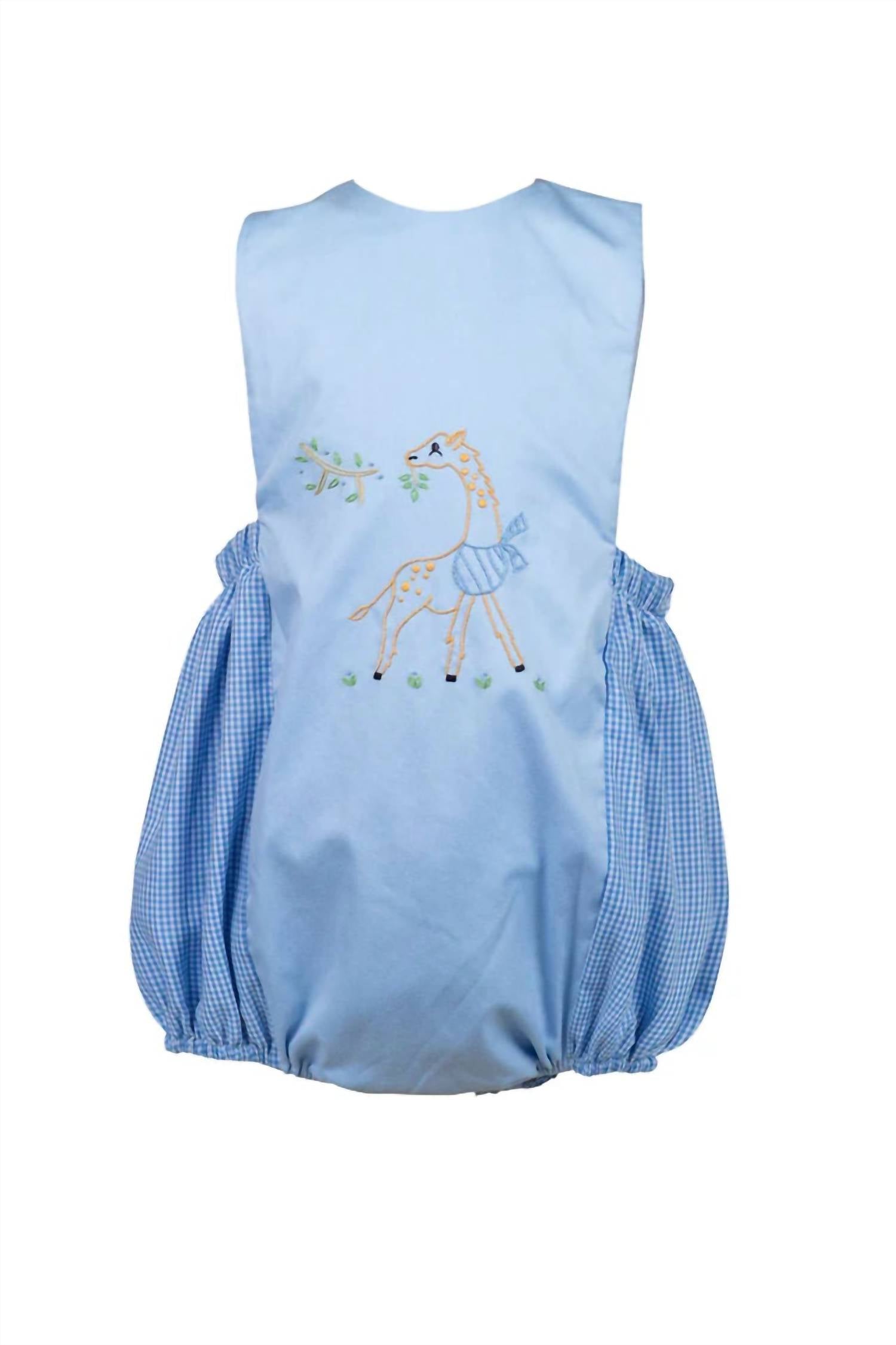 THE PROPER PEONY Giraffe Bubble Dress in blue - kids' dress - detail view