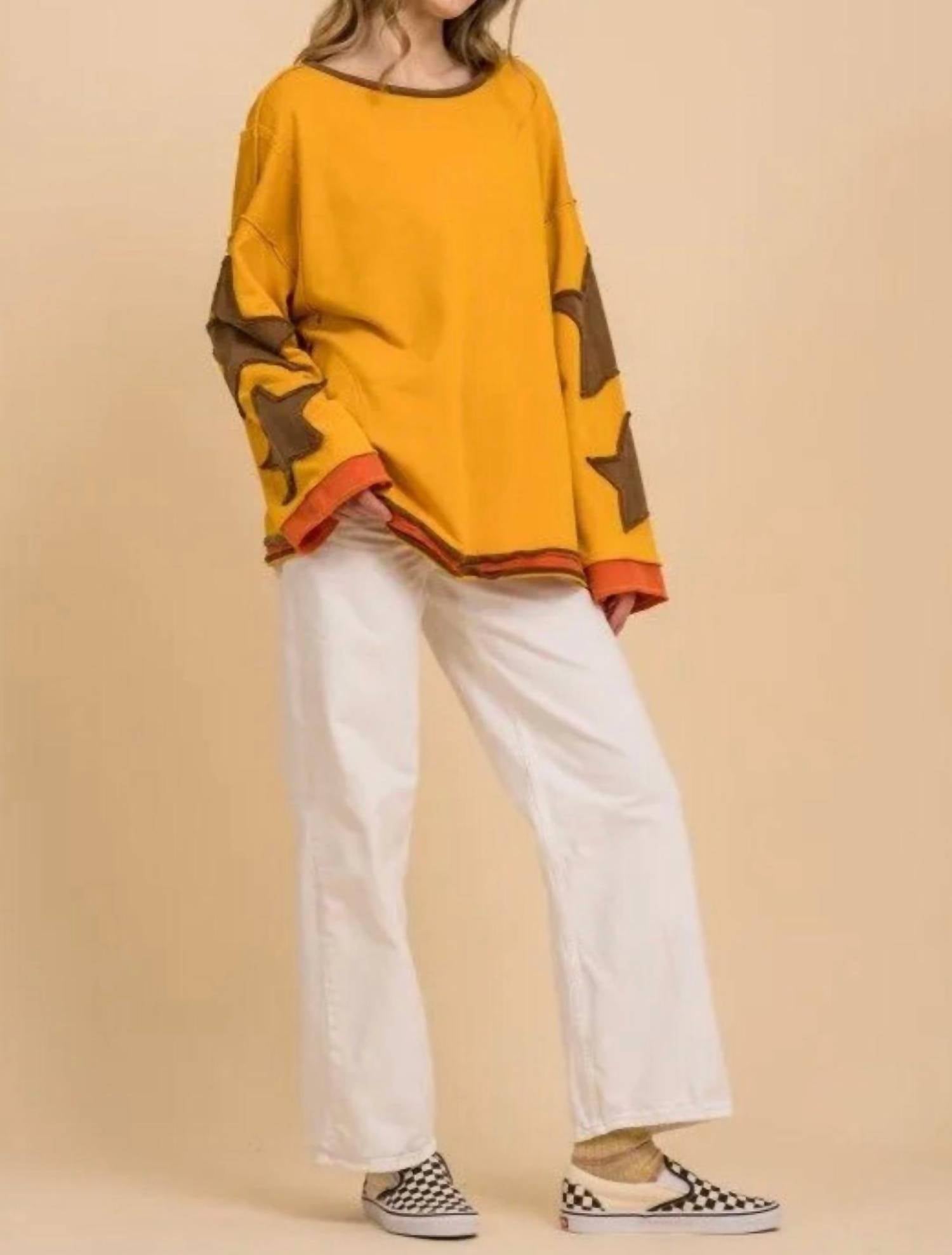 Blue Velvet - Star Patched Long Sleeve Pullover With Side Pockets