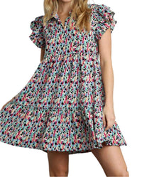 Umgee - Abstract Ruffled Sleeve Tiered Short Dress