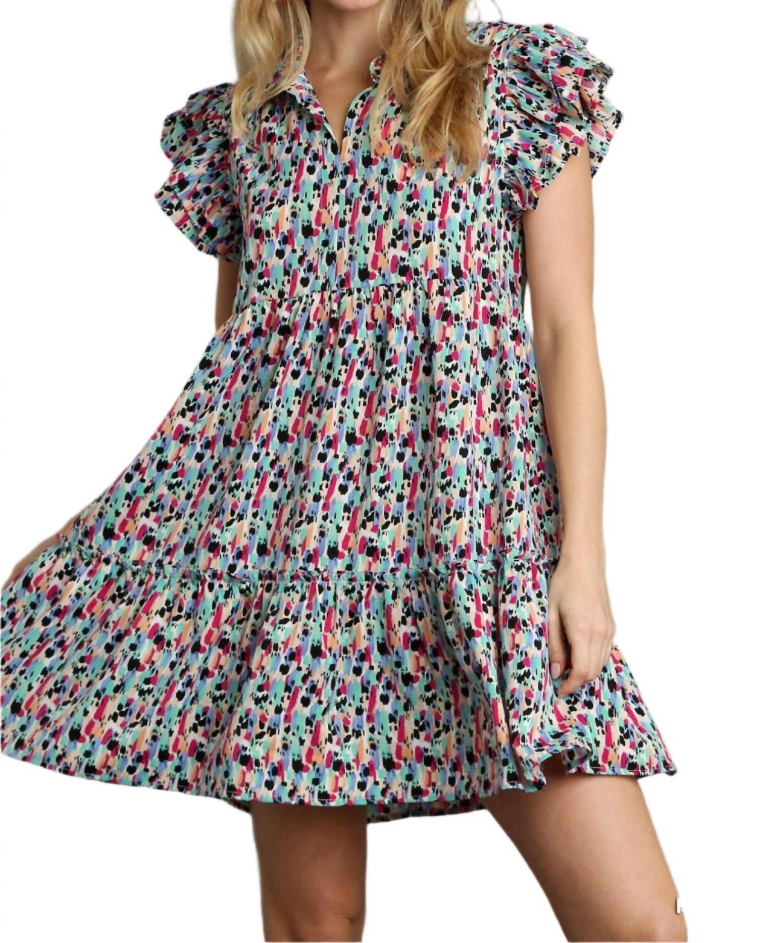 Umgee - Abstract Ruffled Sleeve Tiered Short Dress