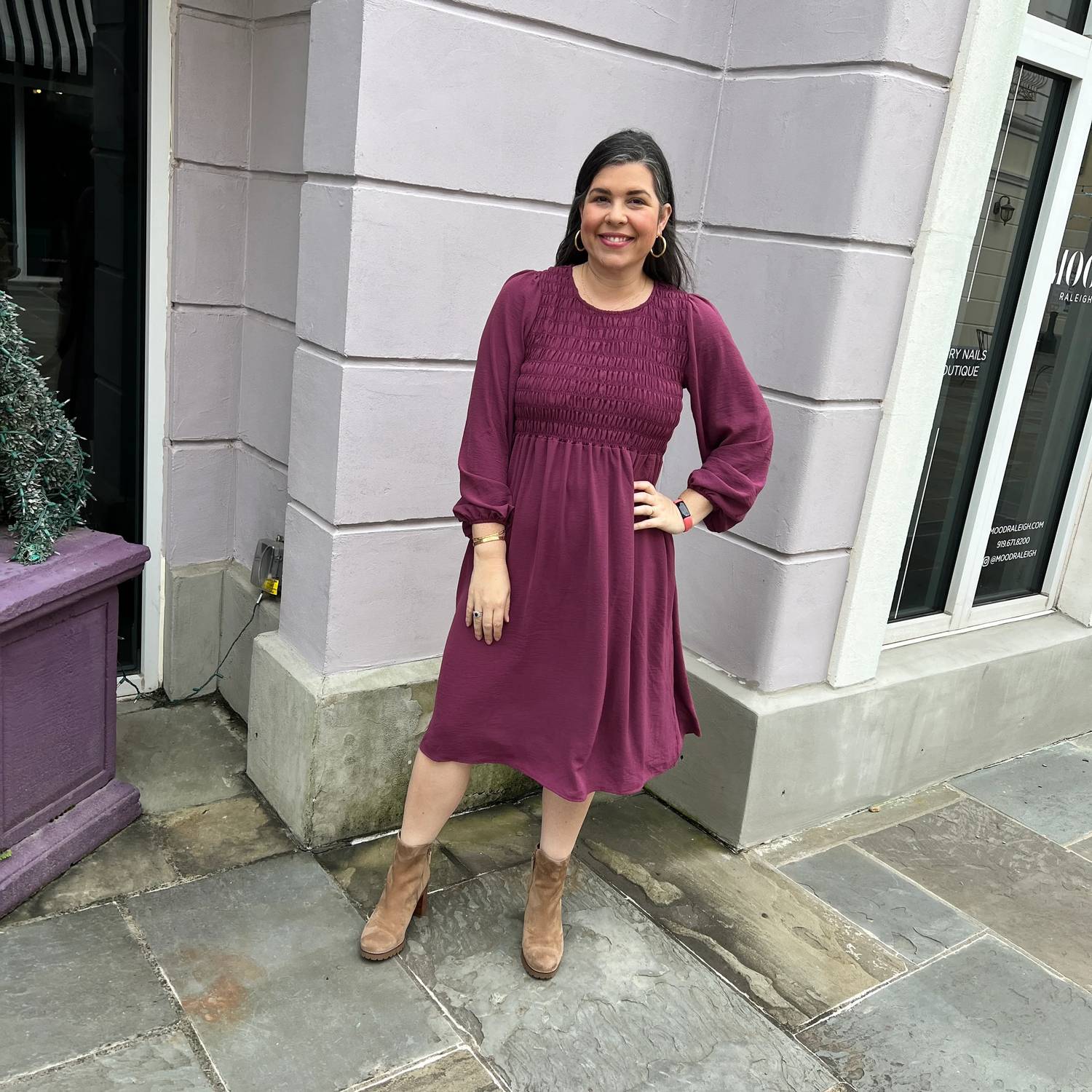 Cotton Bleu - Smocking Detail Long Sleeve Dress