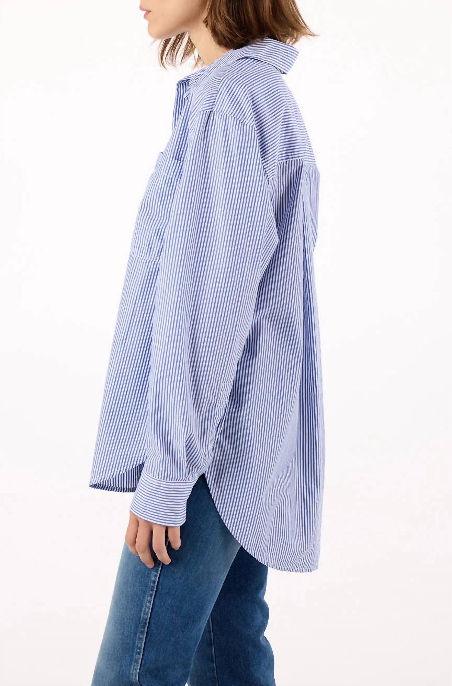 AMO Ruthie Oversized Stripe Shirt in blue multi - women's shirt - detail view