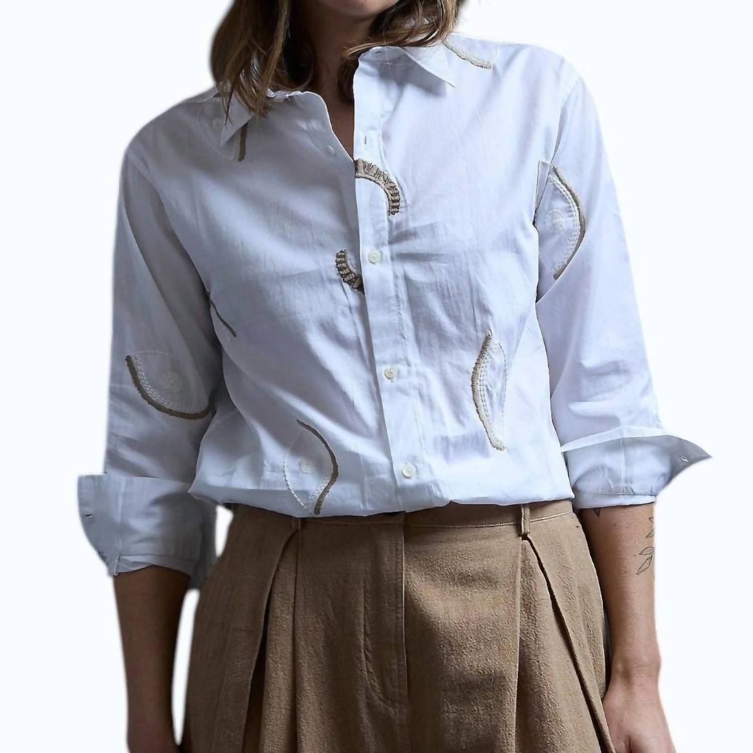 Purple Maroon Gathered Embroidered Shirt in white - women's shirt