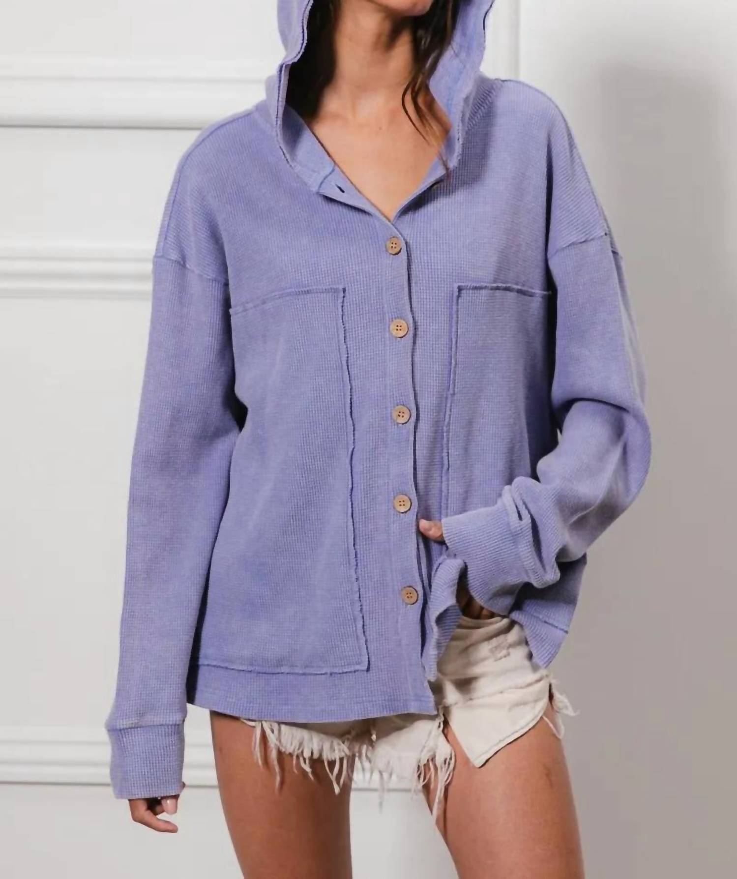Bibi - Waffle Knit Hooded Shacket