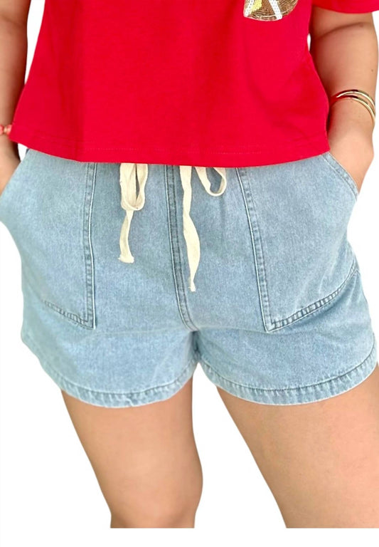 She + Sky - Elastic Waist Band Washed Denim Shorts