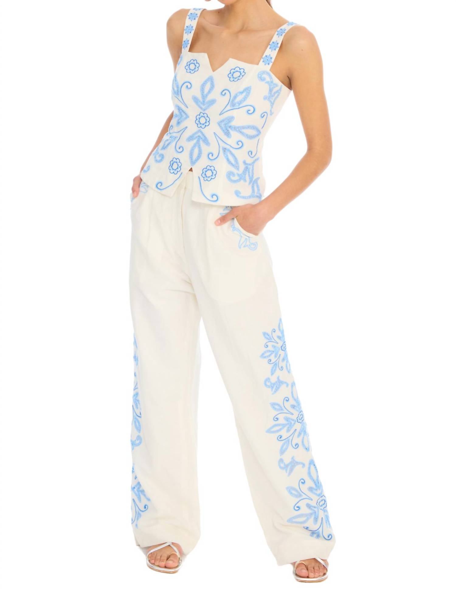 ALLISON NEW YORK Embroidered Audrey Pant in blue white - women's pants