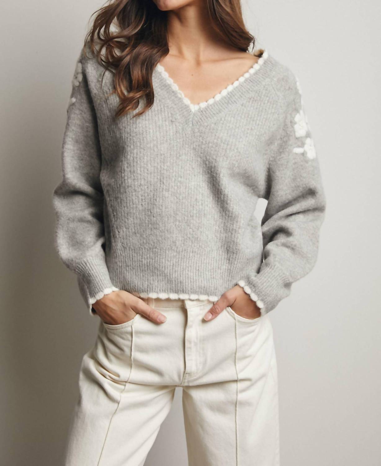 Forte - Floral Applique V-Neck Sweater