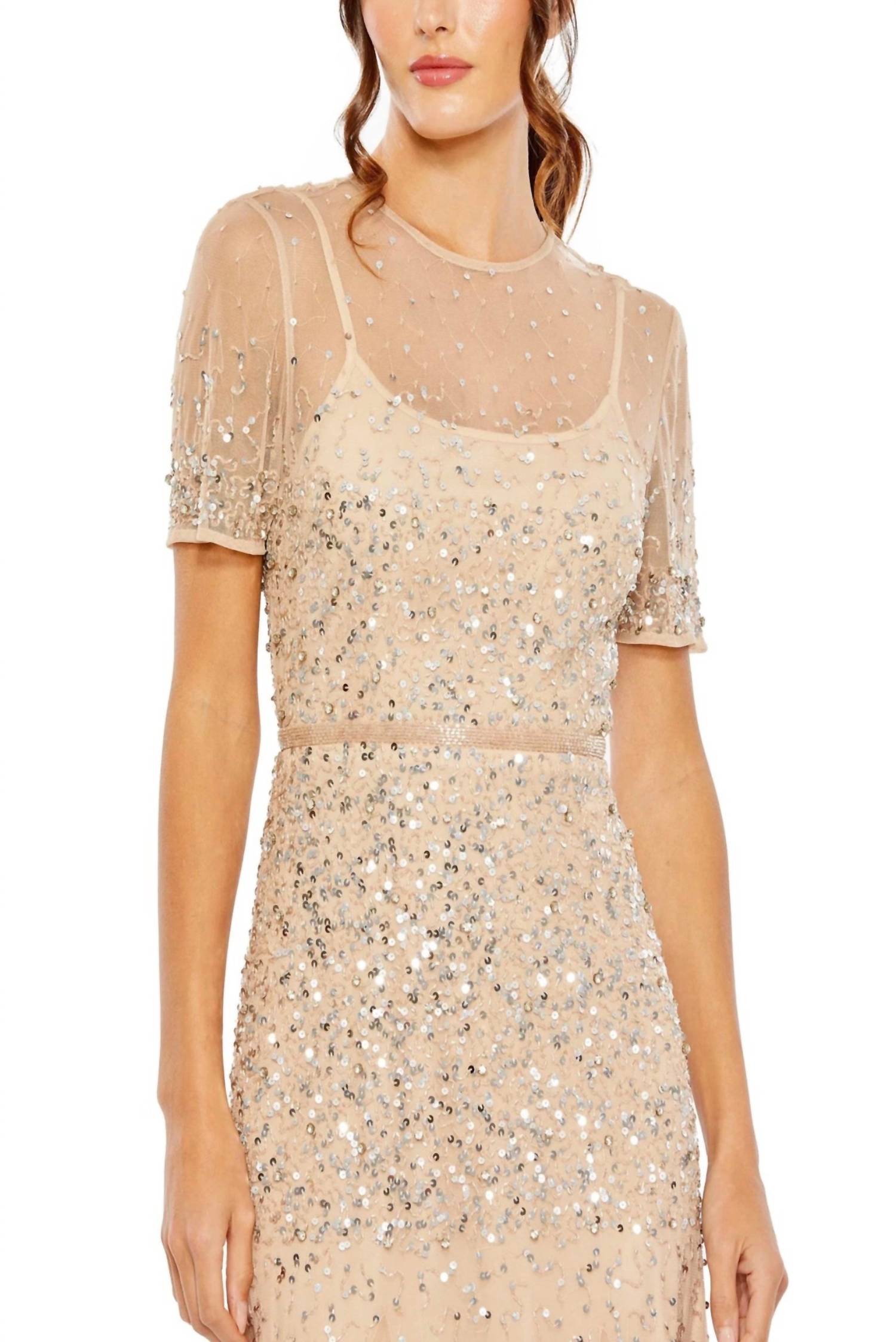 Mac Duggal - High Neck Short Sleeve Sequin Embellished Dress