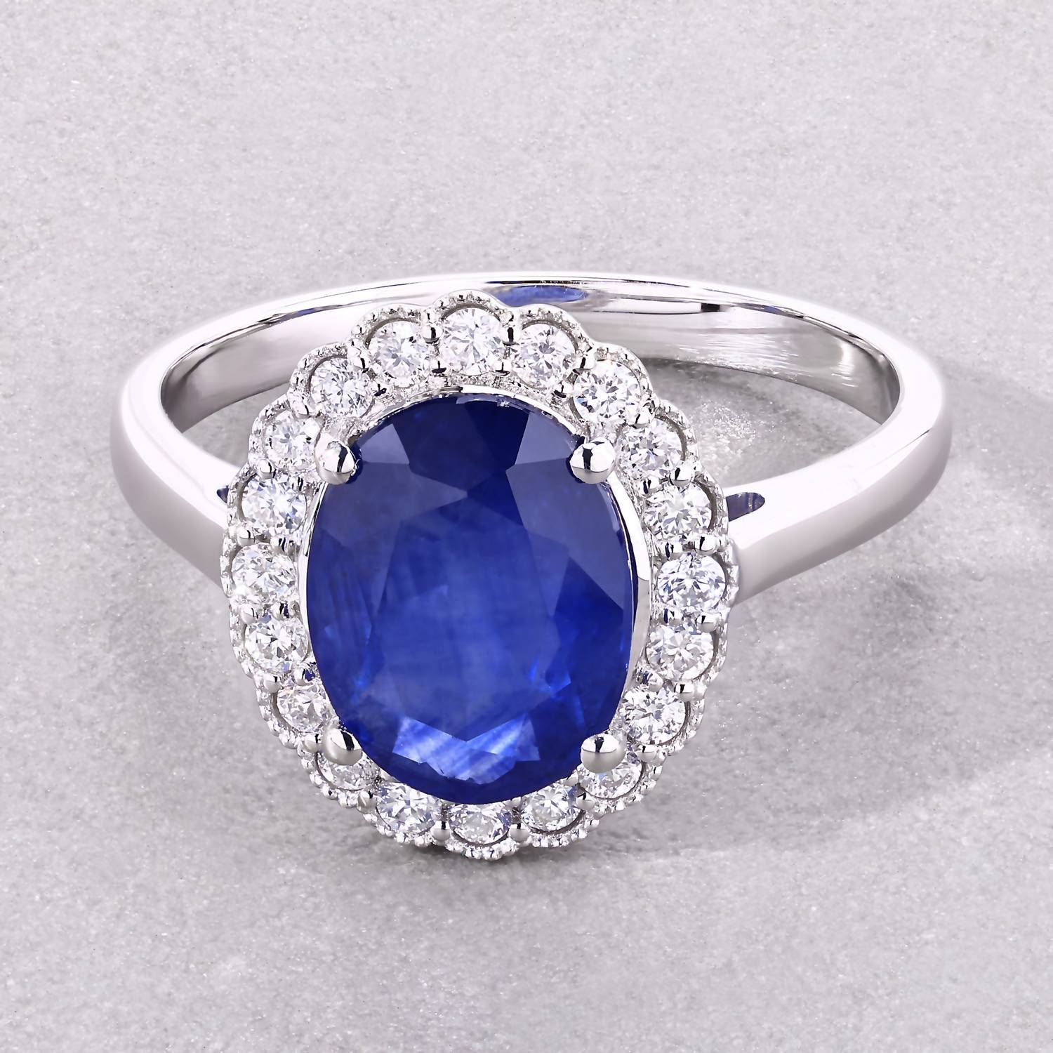 Diana M Jewels Women's Oval Natural Ceylon Blue Sapphire Fashion Ring (3.02 Ct) - Signature Plus in 18k white gold - women's jewelry - detail view