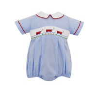 petit bebe Girls Smocked Bubble Onesies in red wagons - kids' item