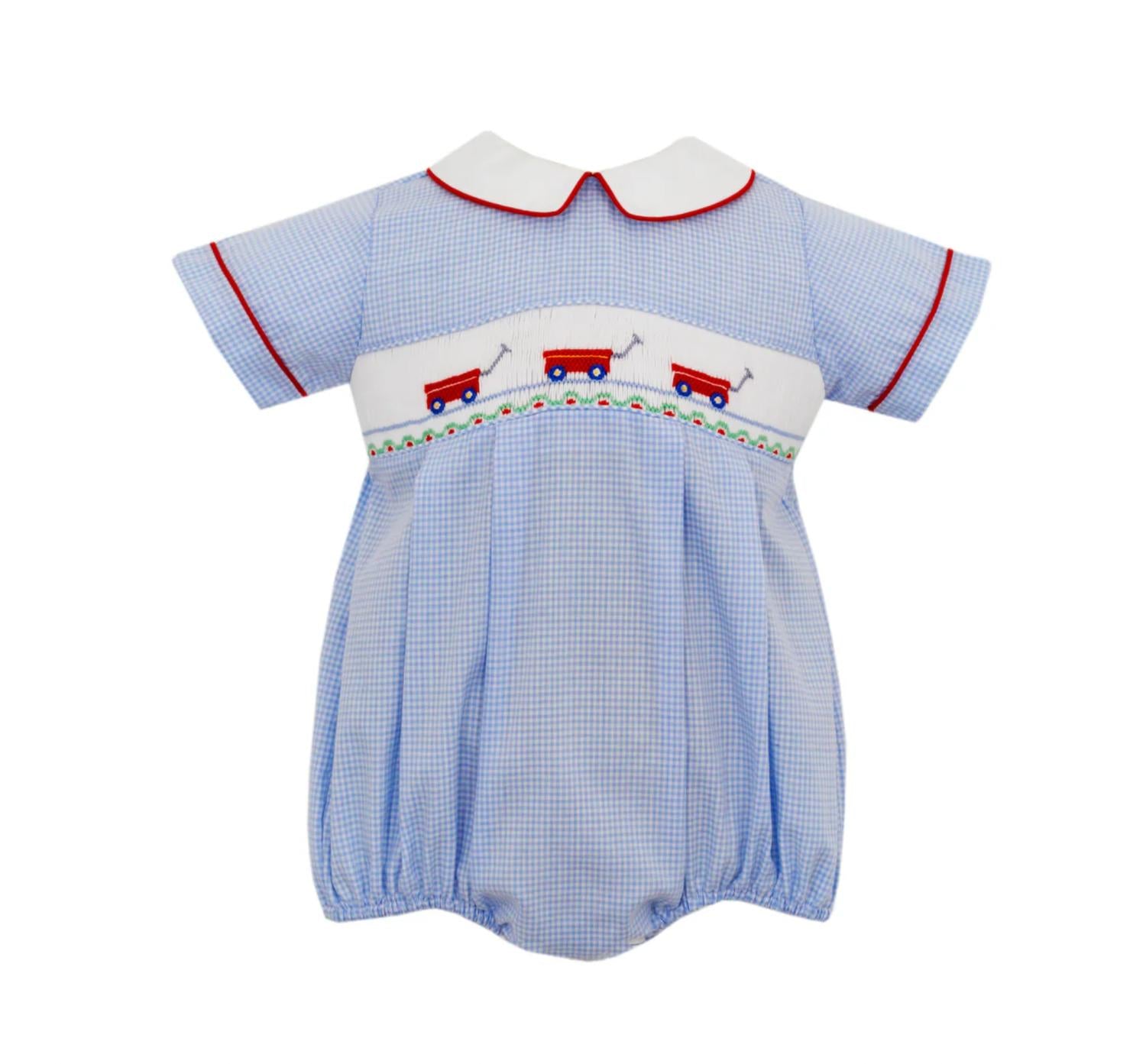 petit bebe Girls Smocked Bubble Onesies in red wagons - kids' item