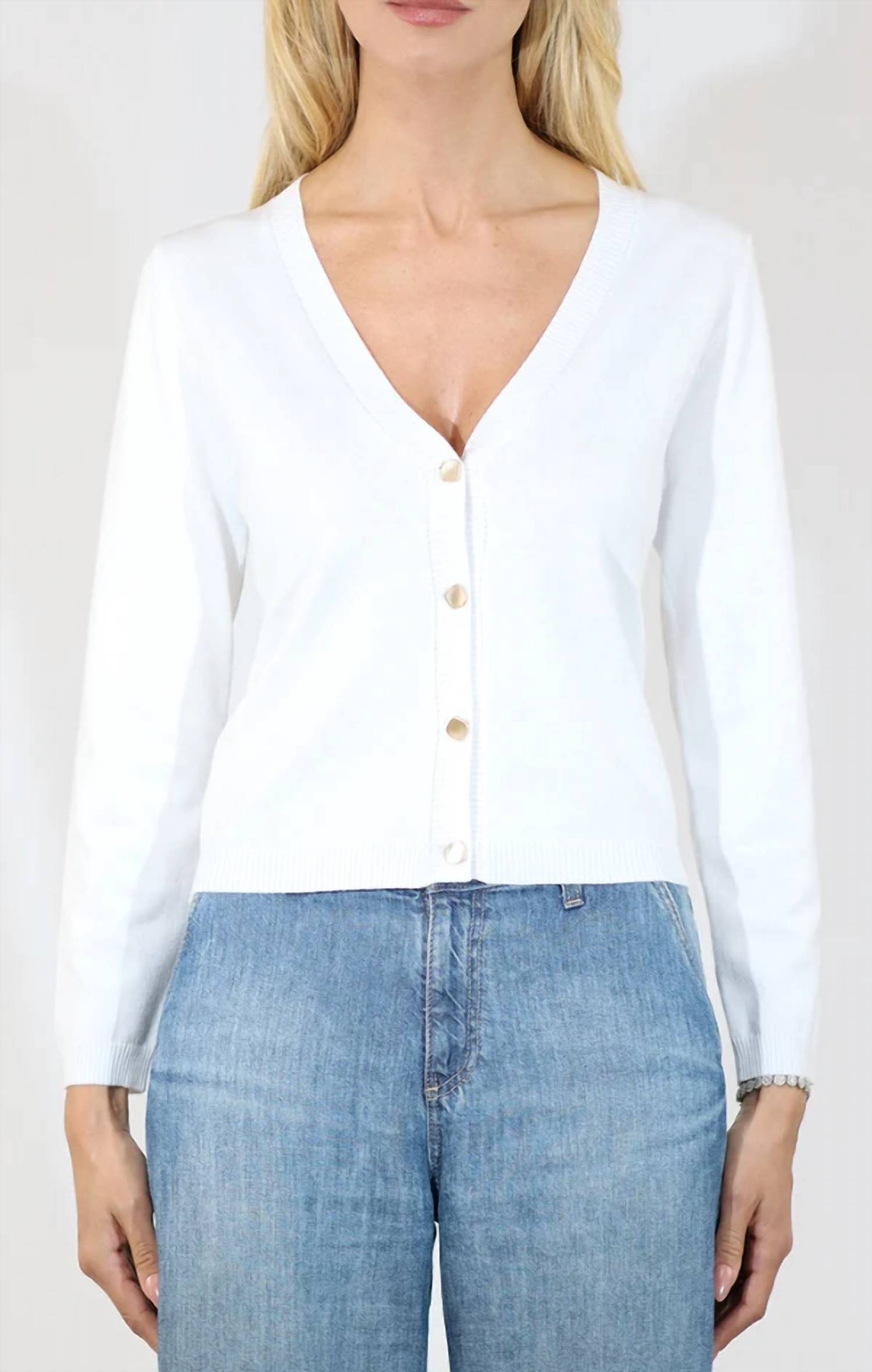 Metric Knits - V Neck Long Sleeve Crop Cardigan with Square Buttons