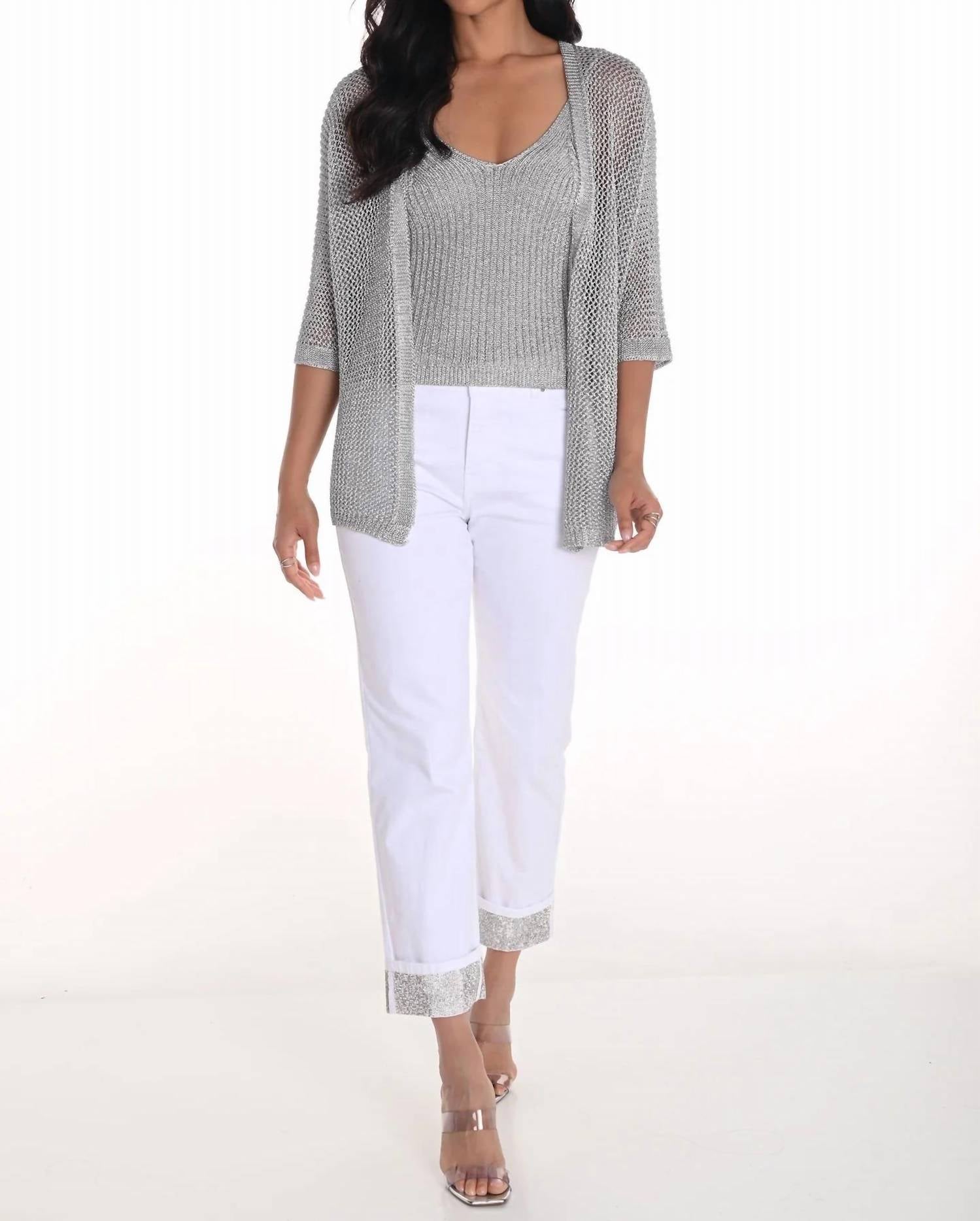 Frank Lyman Olympia Sequin Hem Denim Pants in off white - women's pants
