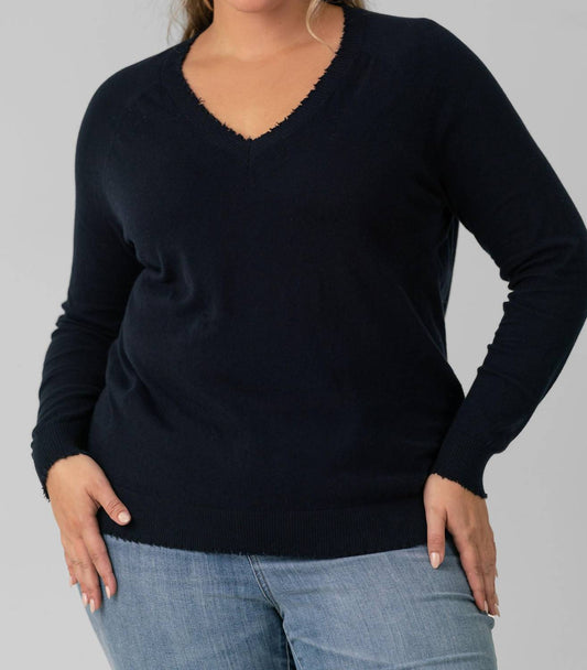 Minnie Rose - Distressed Long Sleeve V-neck Sweater - Plus Size