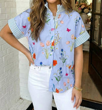 La Society - Floral Striped Printed Button Top