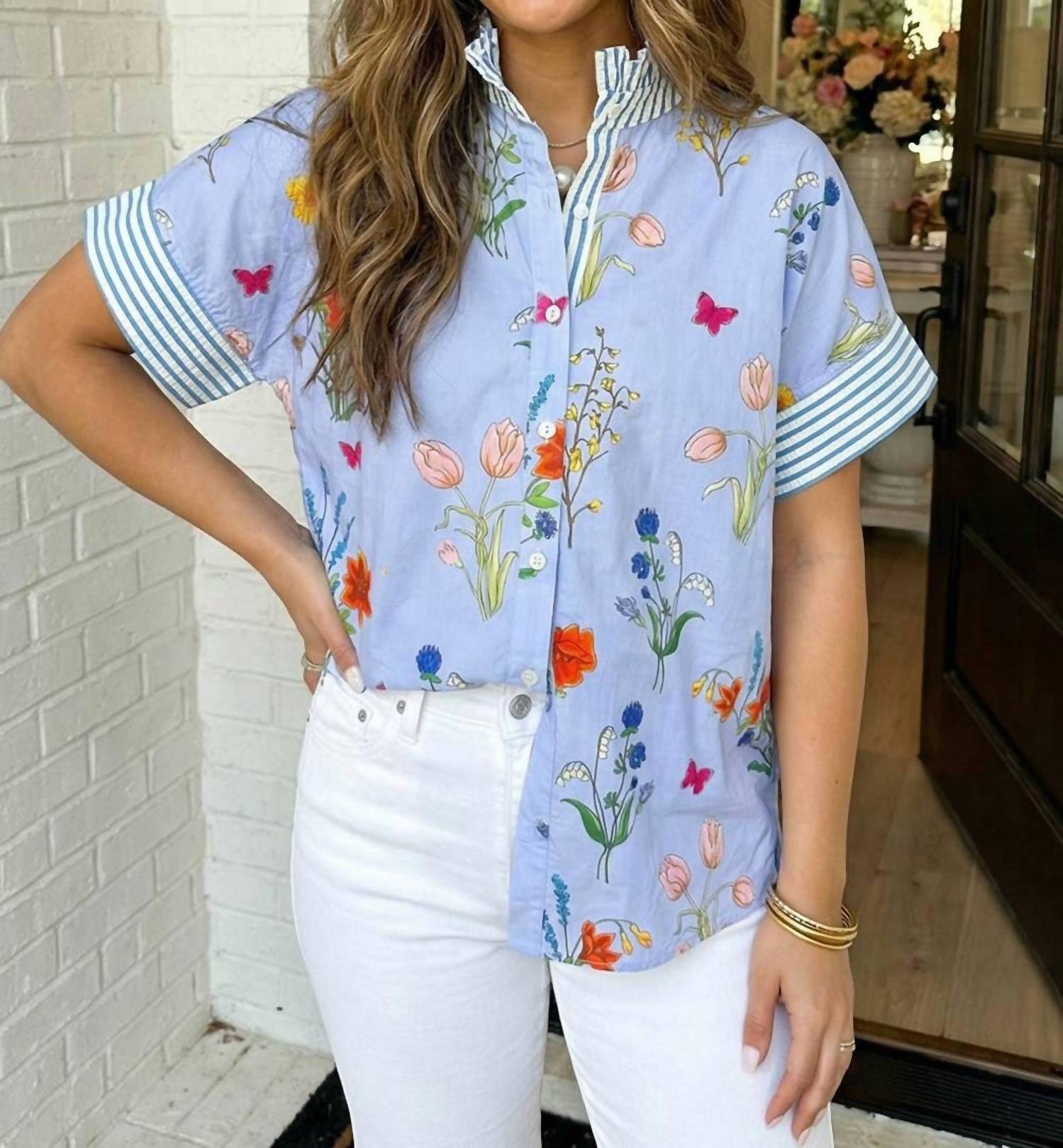 La Society - Floral Striped Printed Button Top