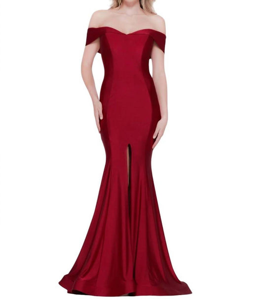 Colors Dress - Off Shoulder Front Slit Satin Mermaid Gown