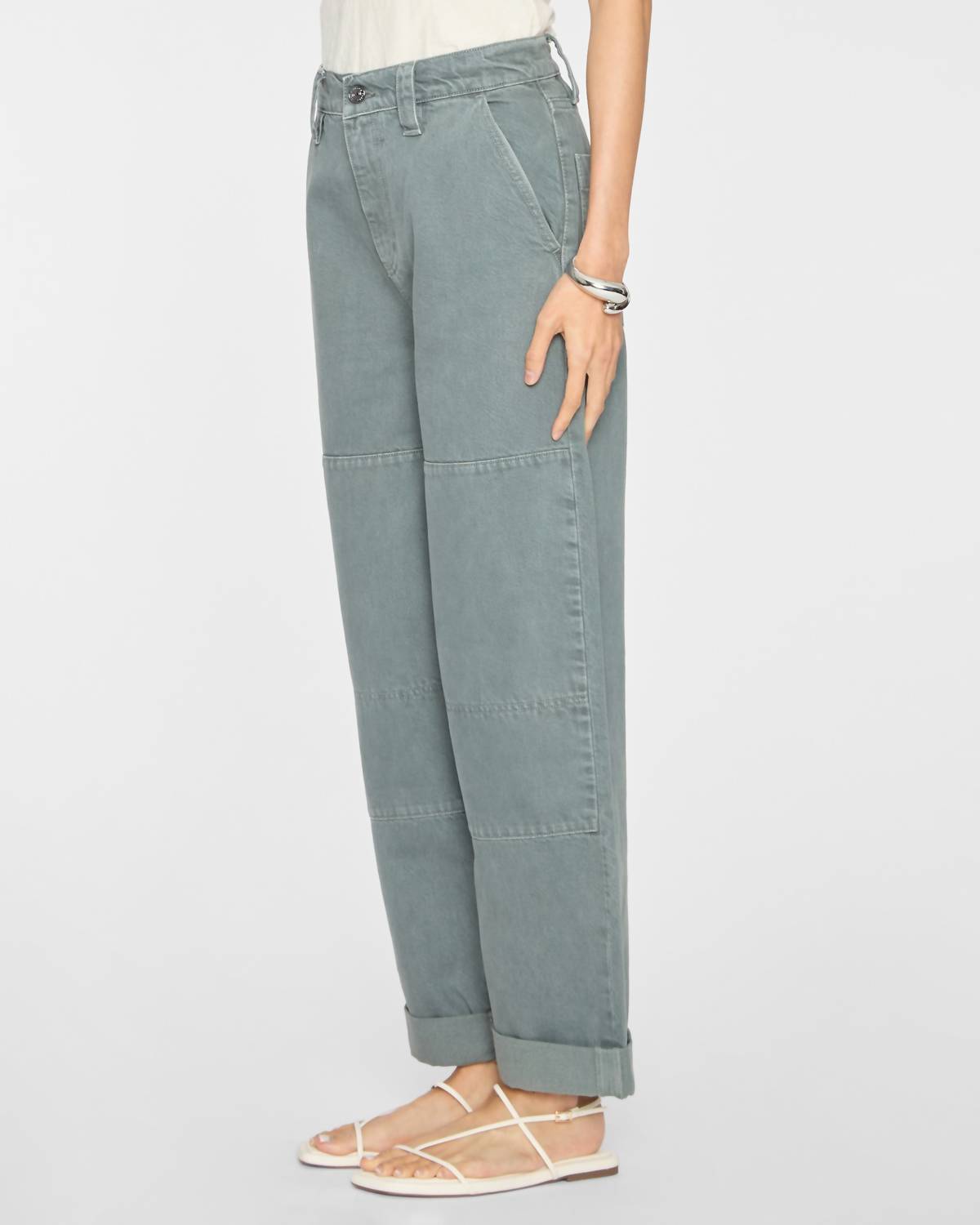 FRAME Cuffed Utility Trouser in slate gray - women's pants - detail view