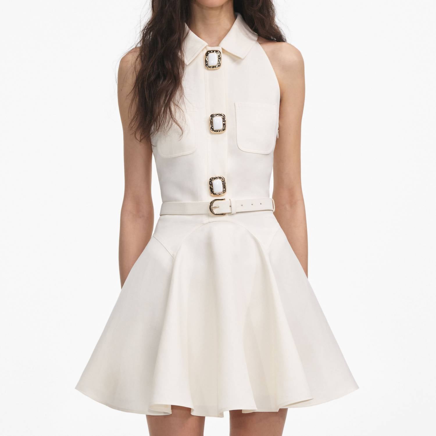self-portrait A-line Linen Mini Dress in cream - women's dress