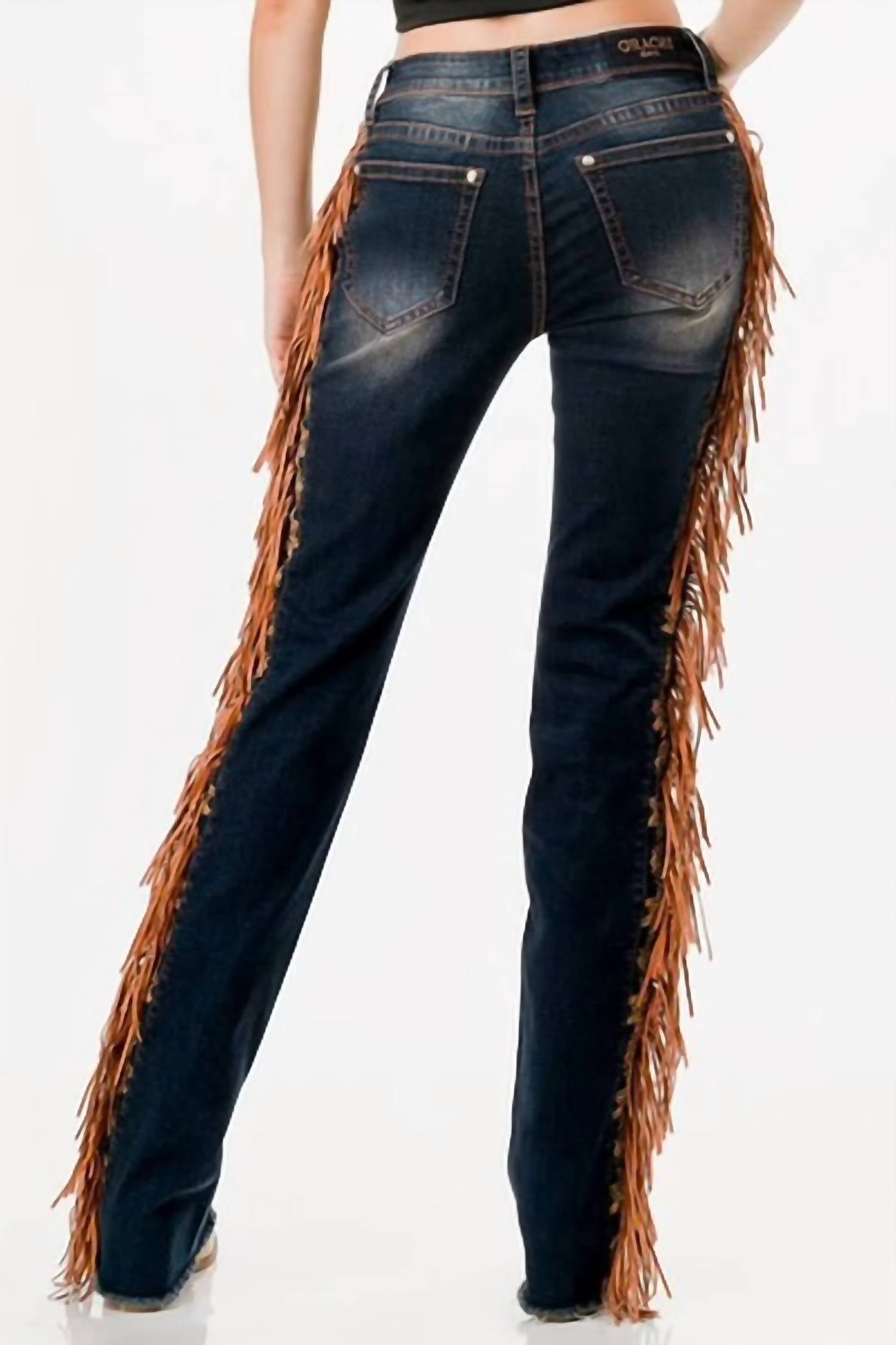 Grace In La - Tassel Trim Sides Mid-Rise Boot Cut Jean - 32"