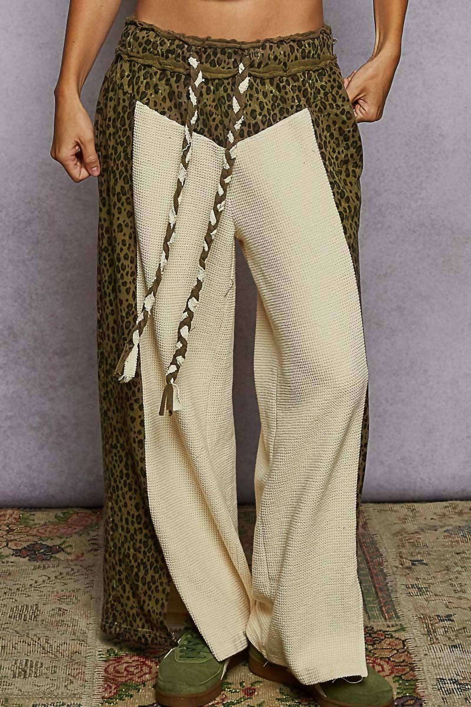 POL Animal Print Contrast Thermal Straight Fit Knit Pants in cream olive - women's pants