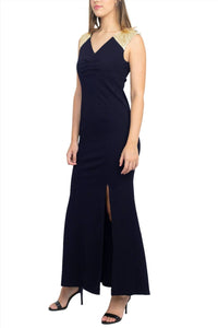 S.L. Fashions - V-neck Sequined Shoulder Slit Front Zipper Back Dress