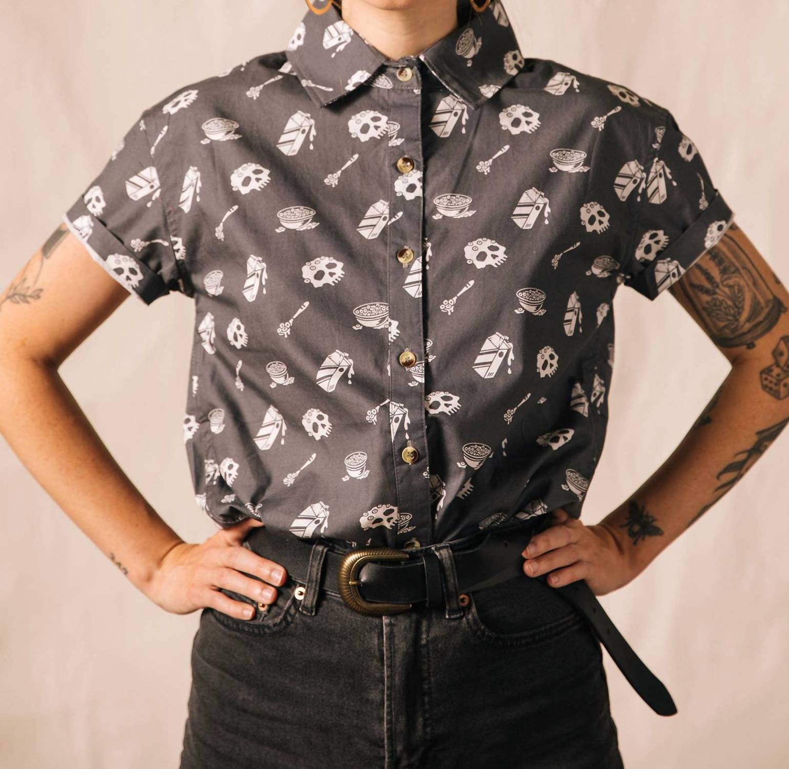 Pyknic Unisex Cereal Killer Casual Button Down Shirt in grey - men's t-shirt - detail view