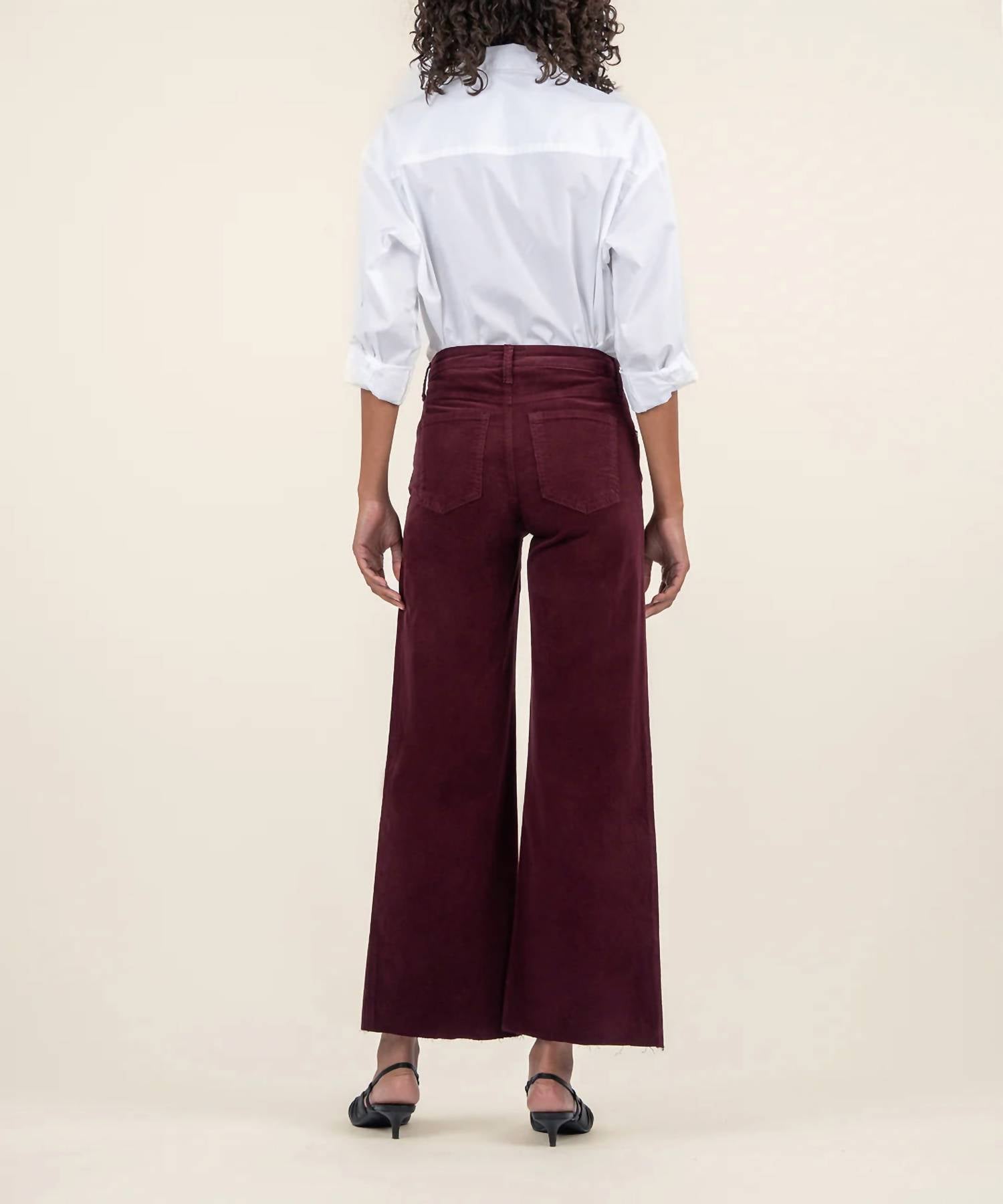 KUT FROM THE KLOTH Meg Wide Leg High Rise Raw Hem Jeans in dark plum - women's pants - detail view
