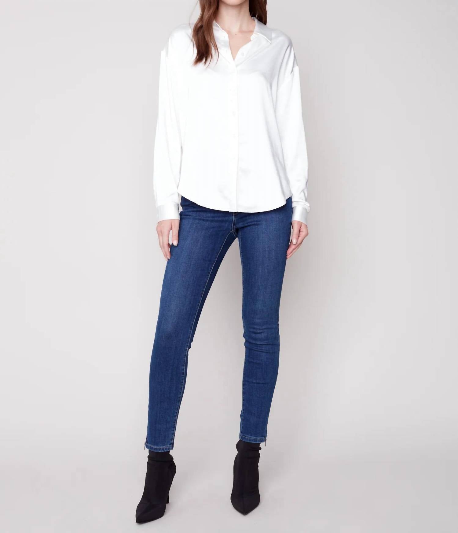 CHARLIE B Satin Long Sleeve Blouse in ecru - women's blouse - view 4