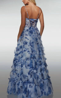 ALYCE PARIS Long Printed Ruffle Dress in blue print - women's dress - alternate view