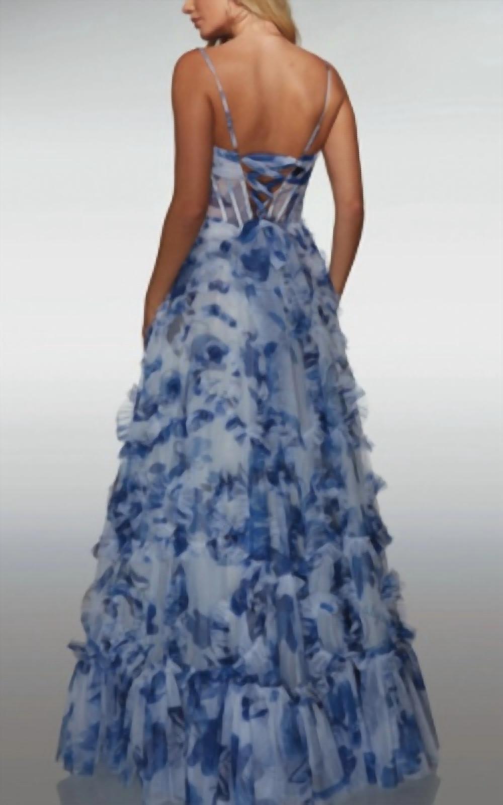 ALYCE PARIS Long Printed Ruffle Dress in blue print - women's dress - alternate view