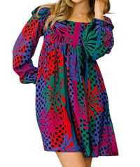 Oddi - Zoe Tropical Leaves Print Babydoll Mini Dress
