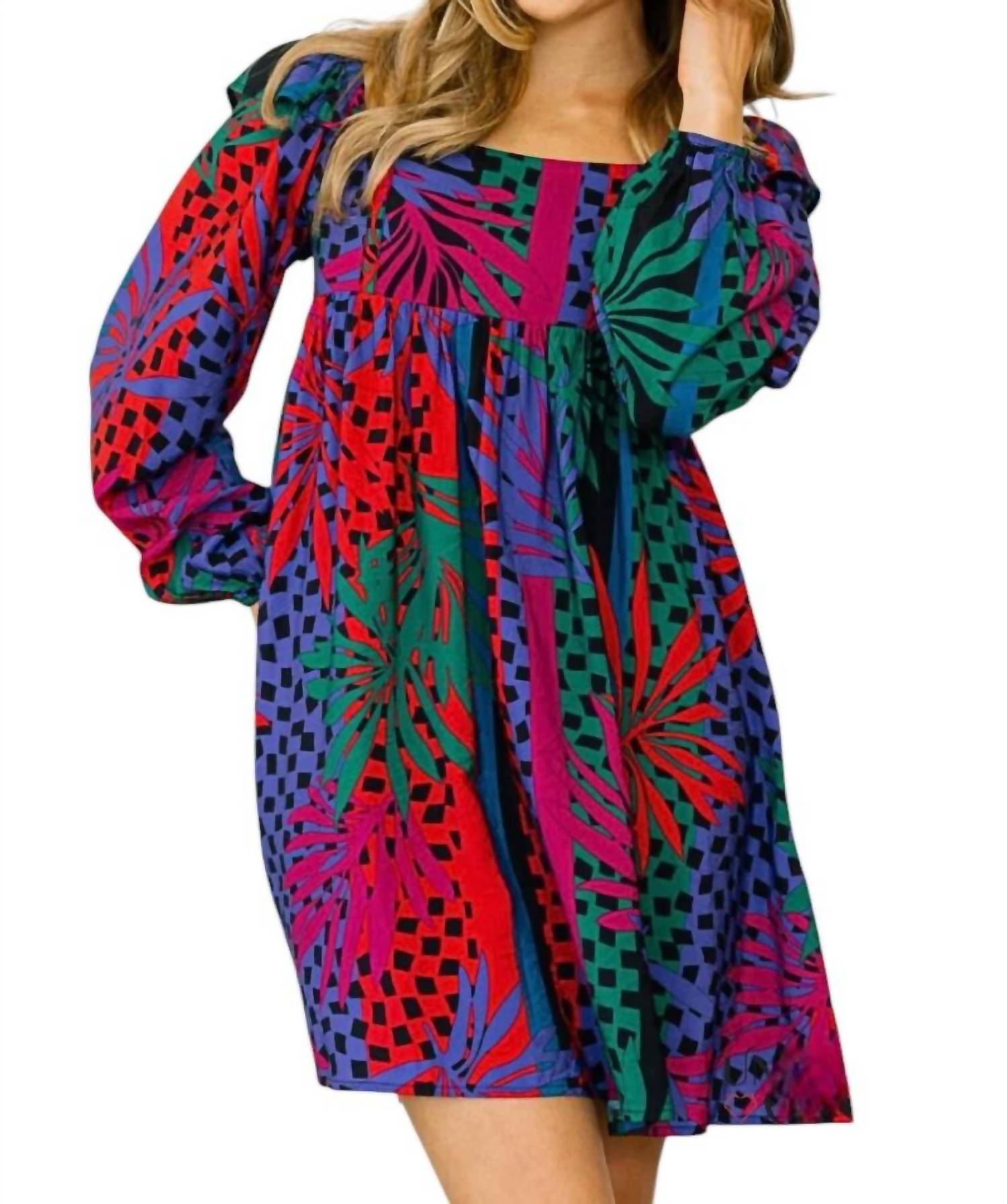 Oddi - Zoe Tropical Leaves Print Babydoll Mini Dress