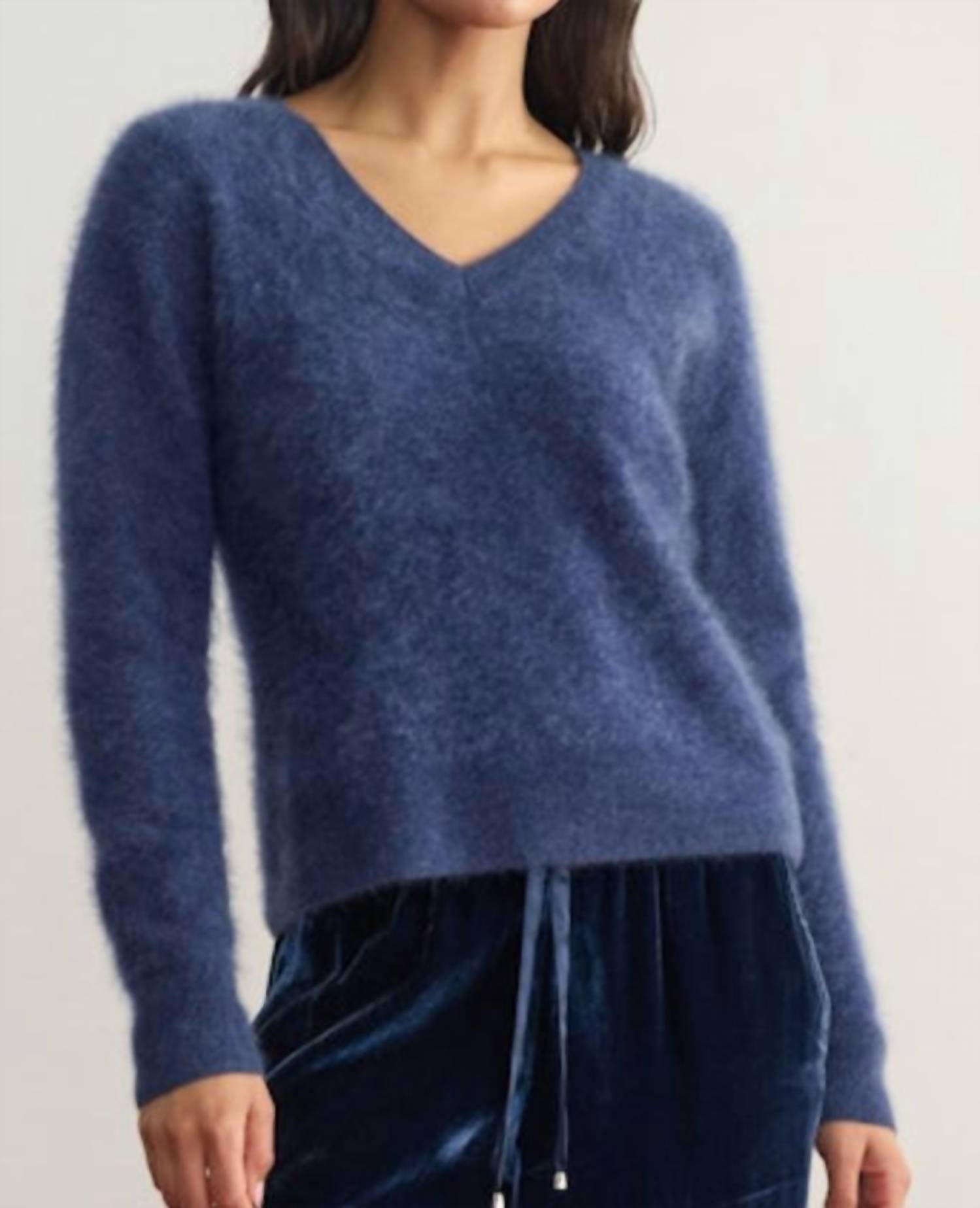 Margaret O'Leary Brushed Cashmere Vee Top in indigo - women's sweater