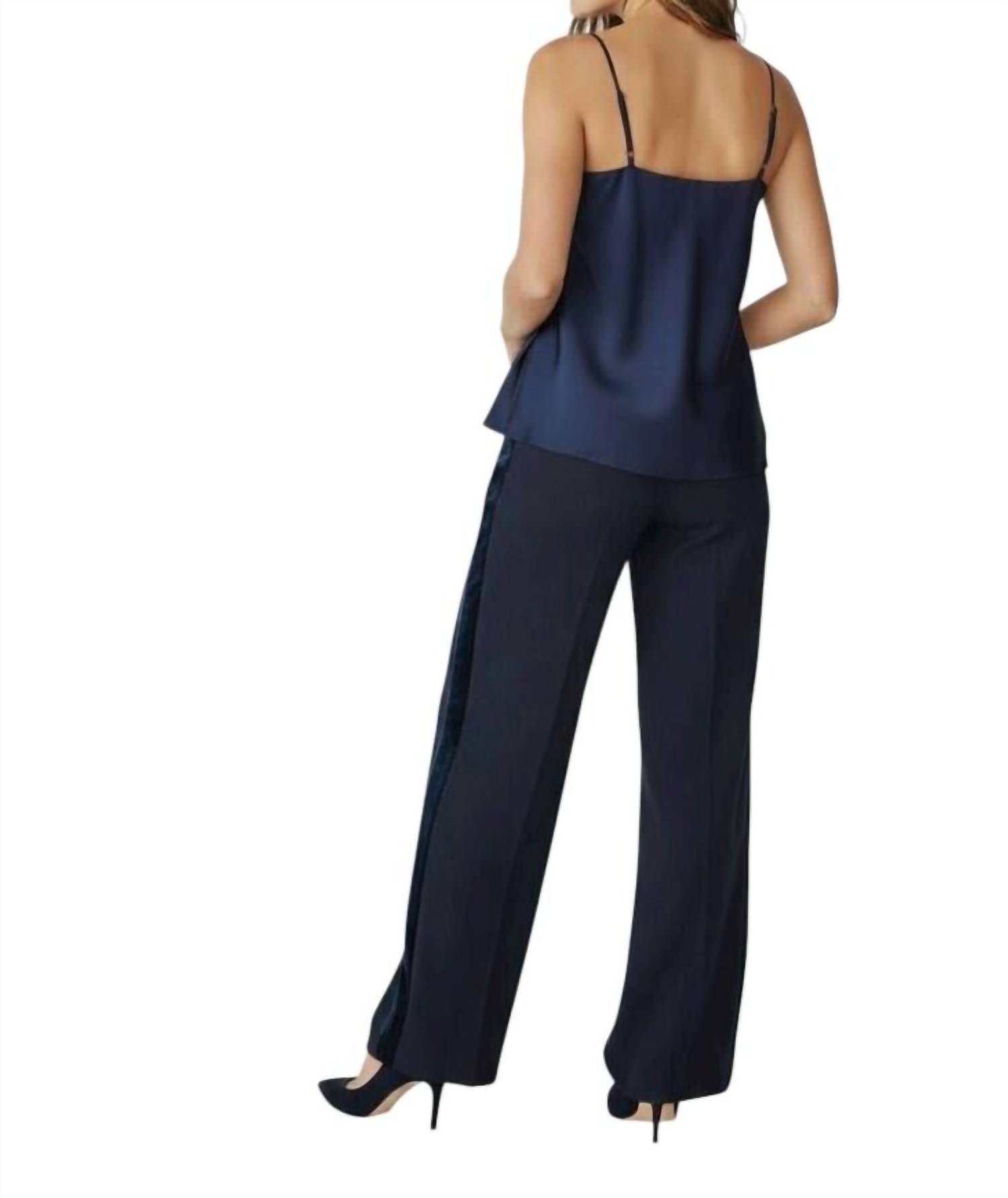Talbot Runhof Wide Leg Tuxedo Stripe Formal Tweed Pant in blue - women's pants - detail view