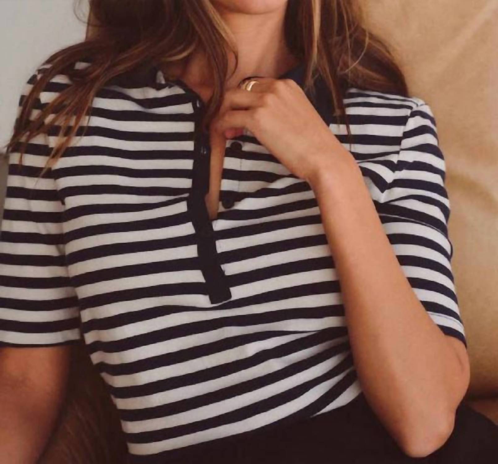 STATESIDE Preppy Stripe Polo Top in cream - women's t-shirt