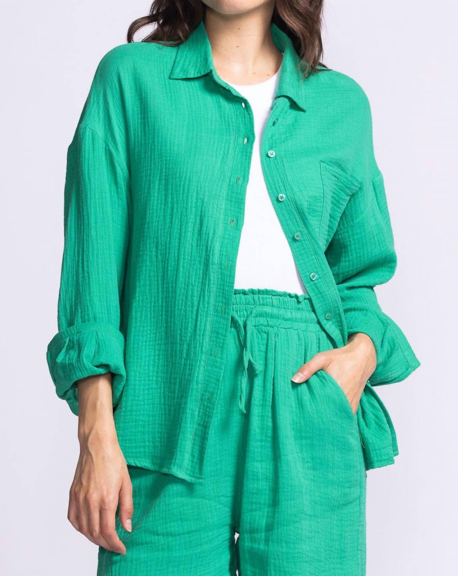 PINK MARTINI Nikki Long Sleeve Gauze Top in green - women's shirt