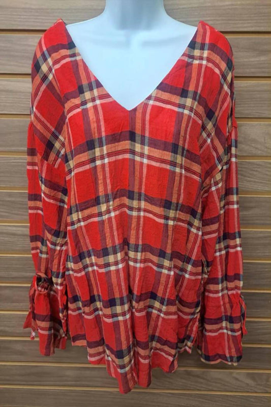 Very J - Women's Plaid Tie Sleeve V Neck