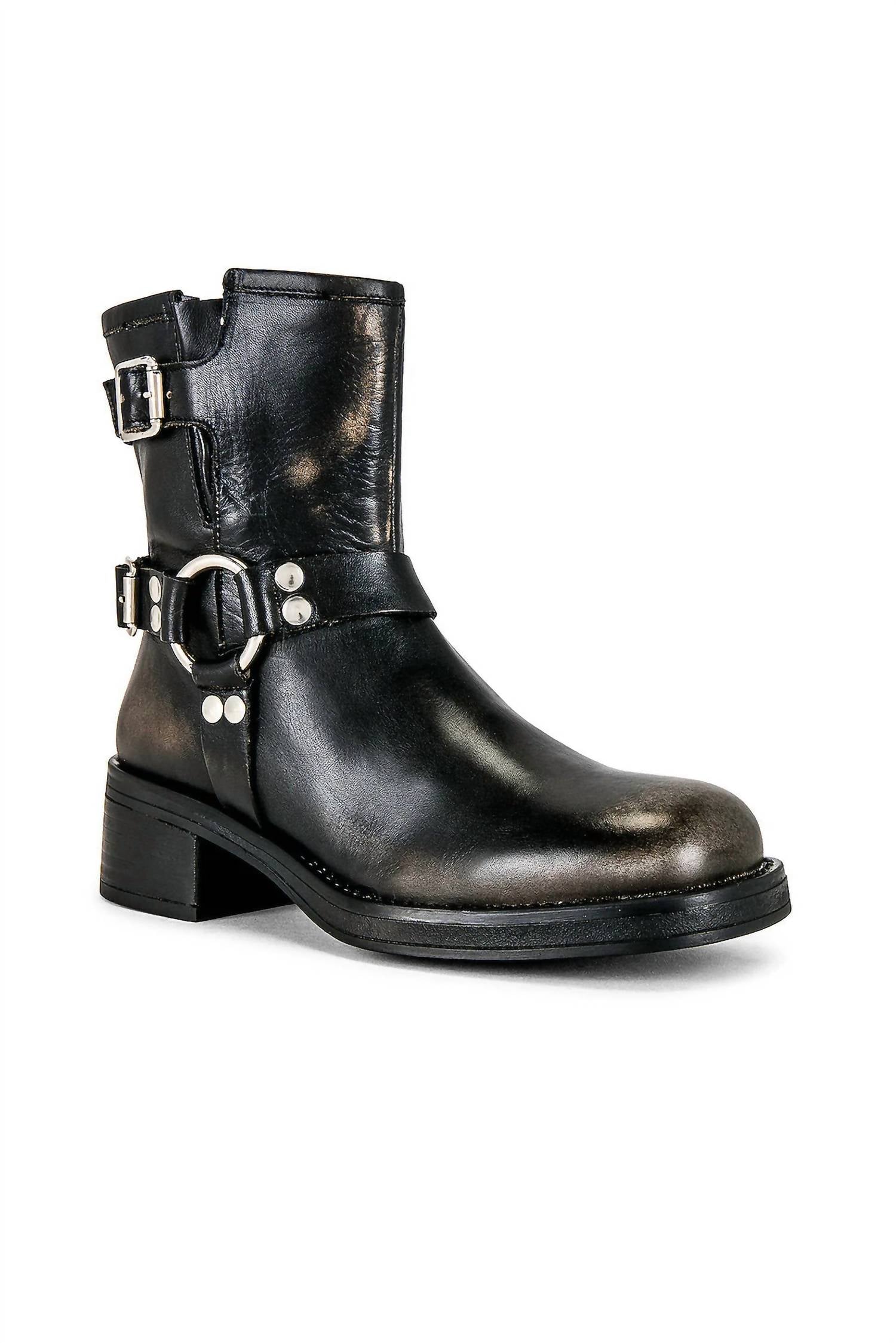 STEVE MADDEN Women's Brixton Buckle Engineer Boots in black distressed - women's shoe