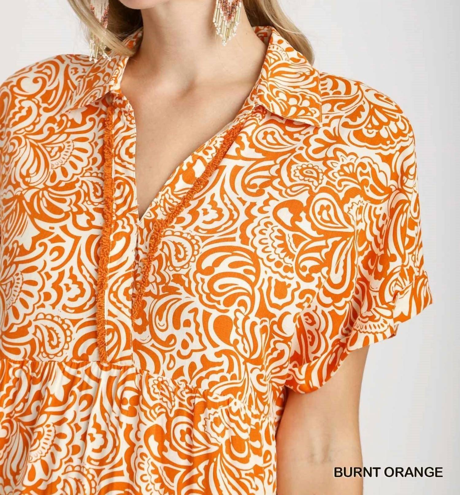 umgee Floral Paisley Mixed Print Tiered Dress in orange - women's dress - alternate view