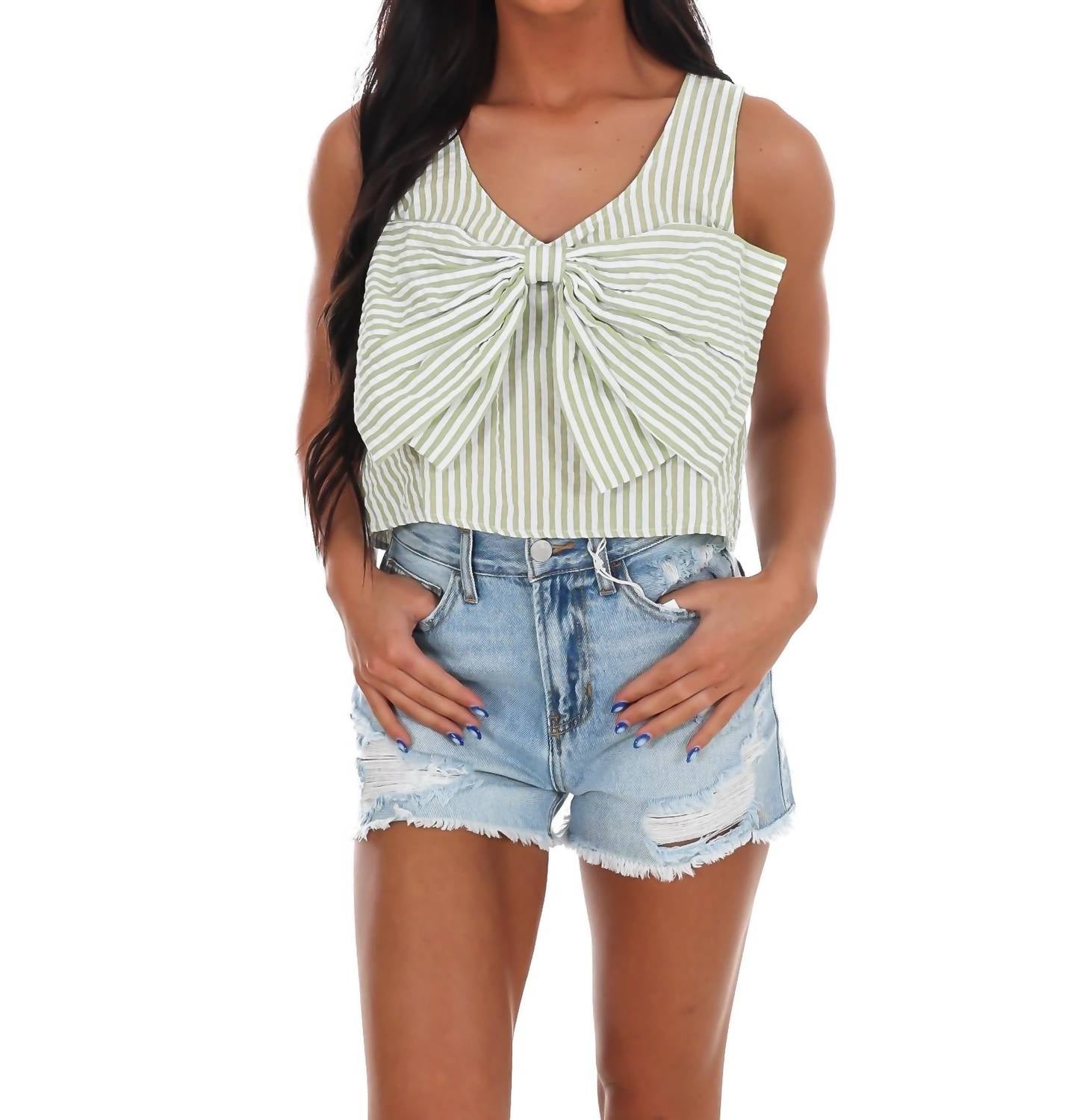 day + moon Sugar Stripe Bow Crop Top in avocado - women's shirt - view 4