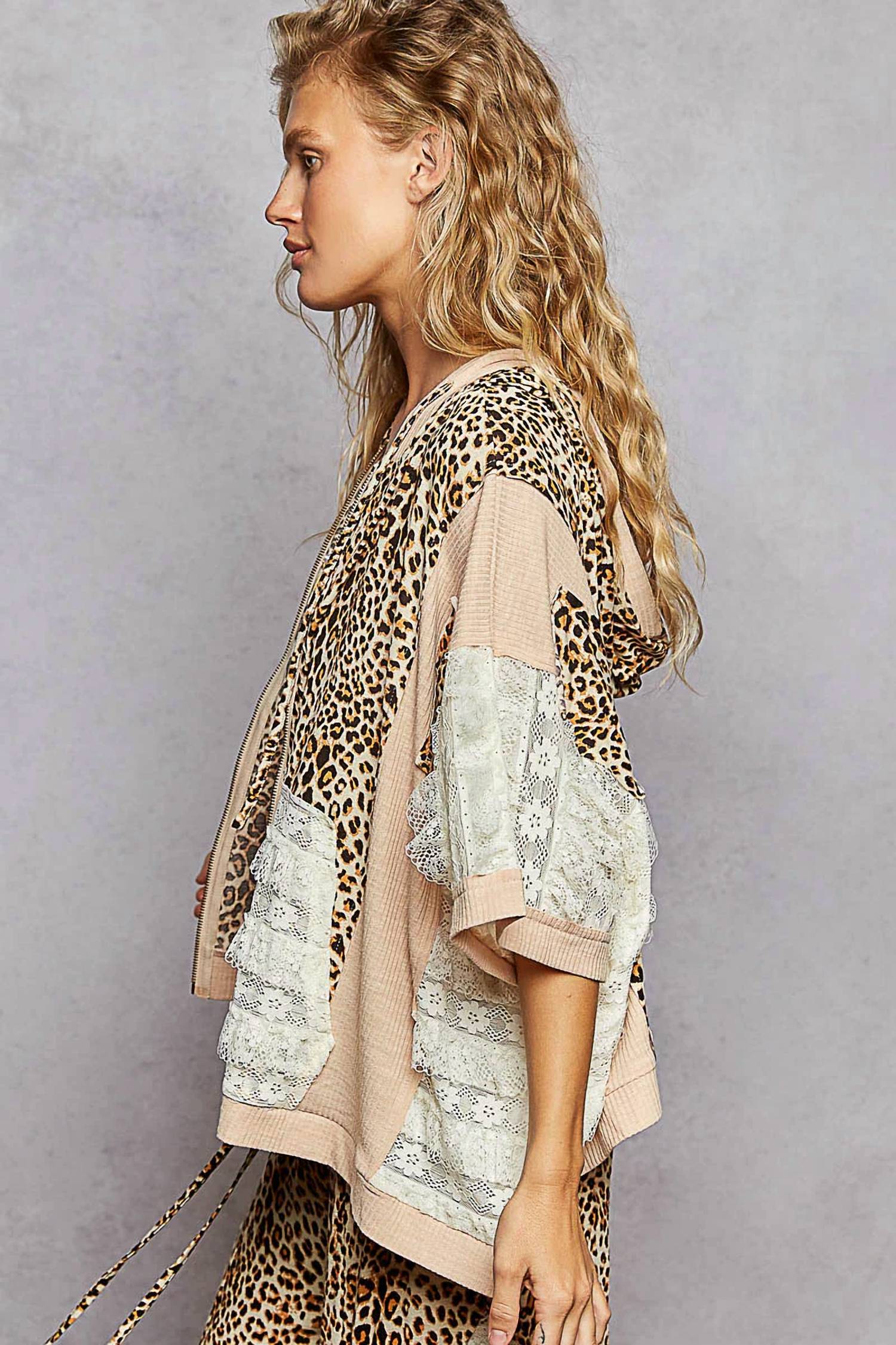 Pol - Oversized Fit Lace Patch Zip Up Hoodie