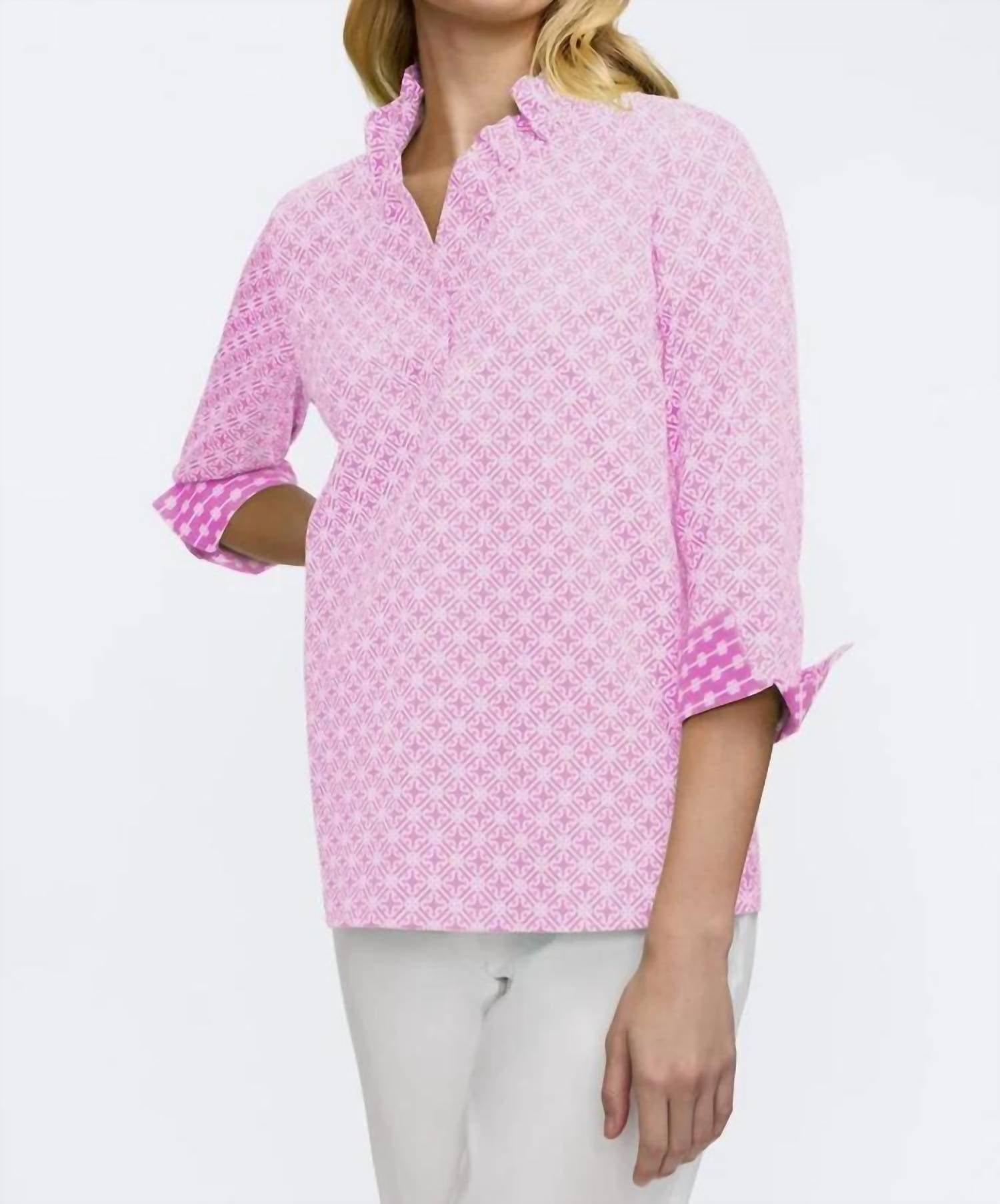 Foxcroft - Tammy Geo Lattice 3/4 Sleeve Popover Shirt
