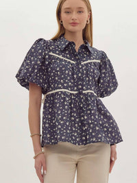 Entro - Floral Bubble Sleeve Bow Top