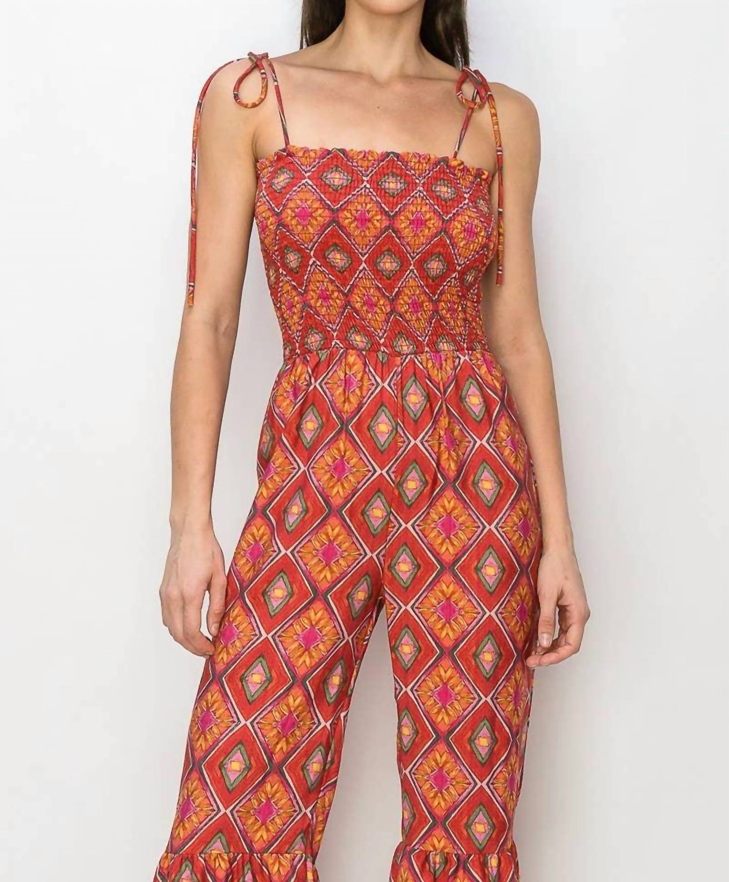 Wisteria Lane - Boho Print Smocked Flared Jumpsuit