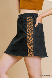 umgee Animal Print Side Panel Stretch Mini Skirt in black - women's skirt - detail view