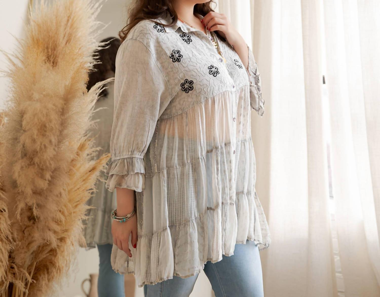 Young Threads - Mexican Embroidery Blouse Gathered Waist Shirt