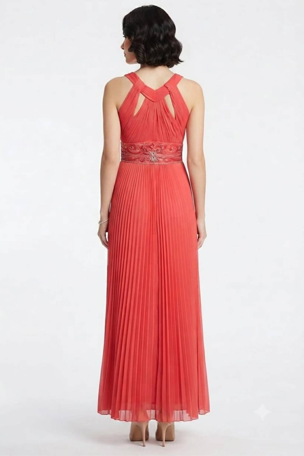 Sue Wong - Halter-Style Beaded Waist Accordion Dress