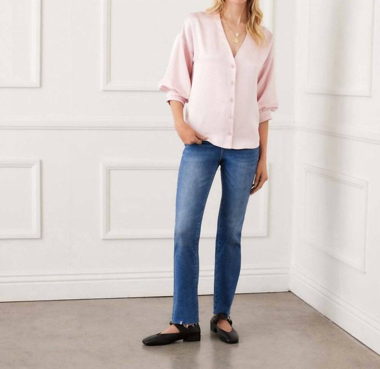 Karen Kane Lantern Sleeve Crystal Rhinestone Button Satin Top in pink - women's blouse - view 5